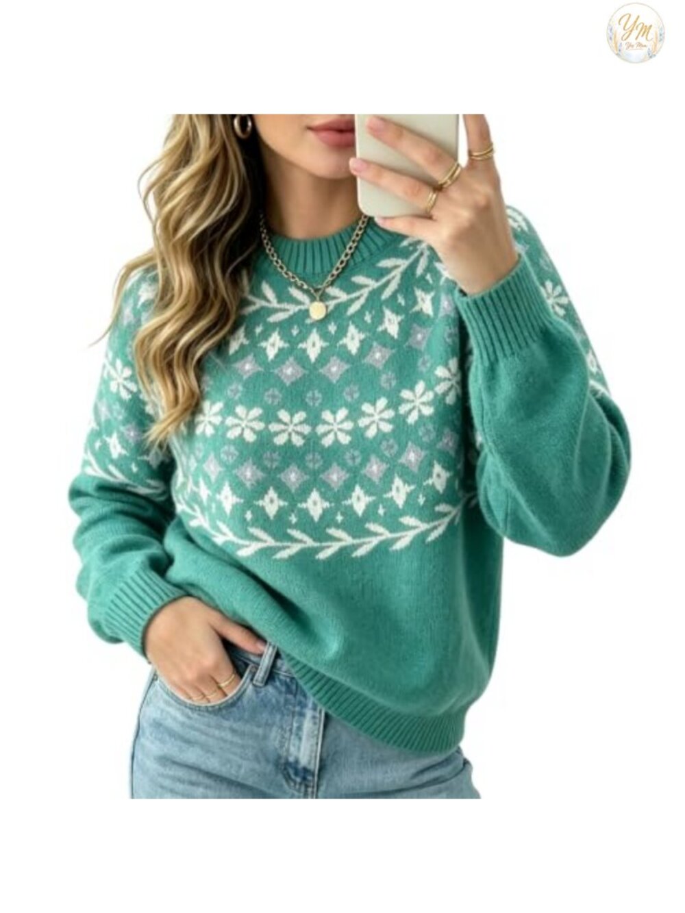Womens Long Sleeve Fair Isle Pullover Sweater Chunky Warm Knit Mock Neck